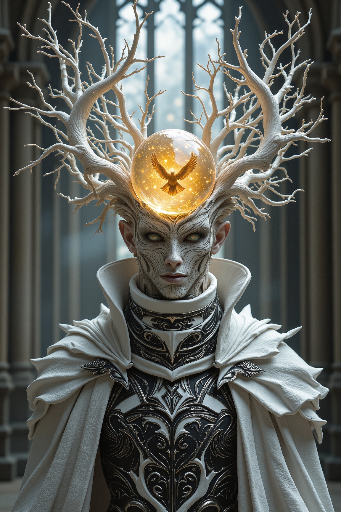 rootform,  extreme head Closeup,  a pristine white tree knightess Made of White polished roots with billowing Hair and fla...