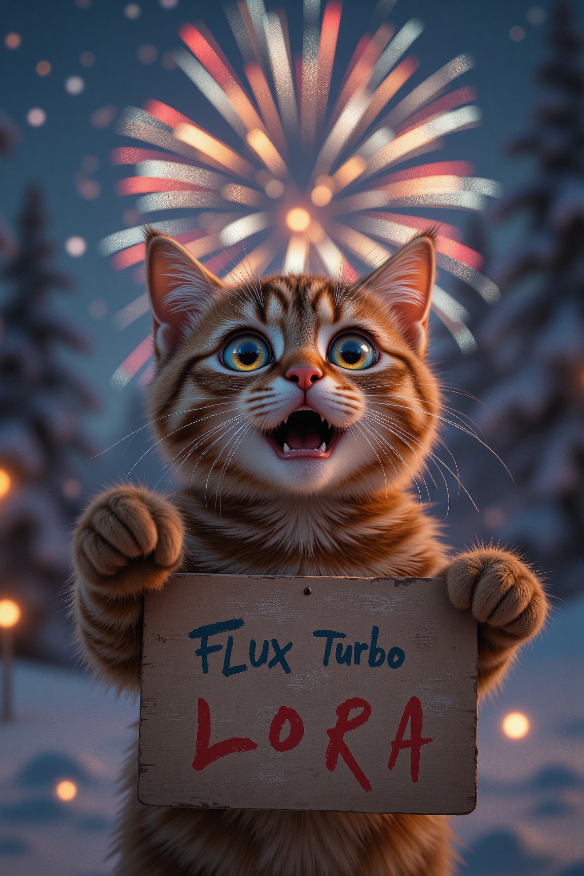A cute cat,  watching some fireworks with an over the top shocked facial expression,  holding a sign it says "FLUX Turbo L...