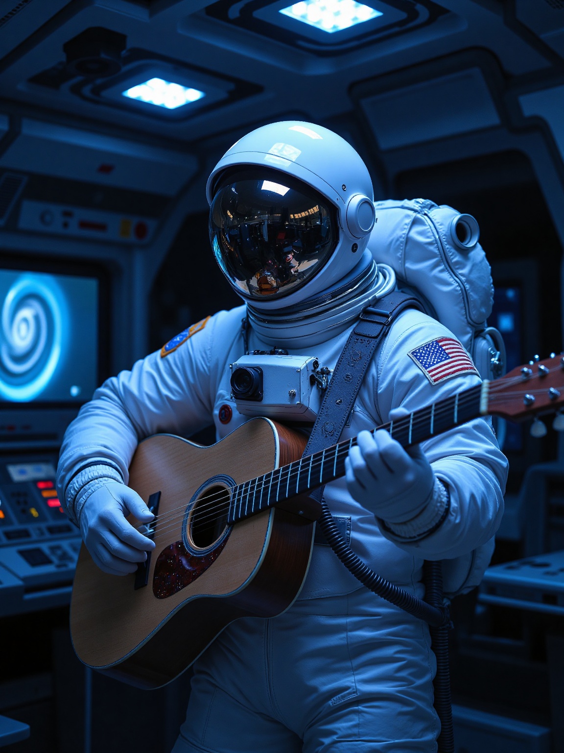 A white-suited astronaut,  complete with a reflective helmet visor,  strums a wooden acoustic guitar inside a dimly lit sp...