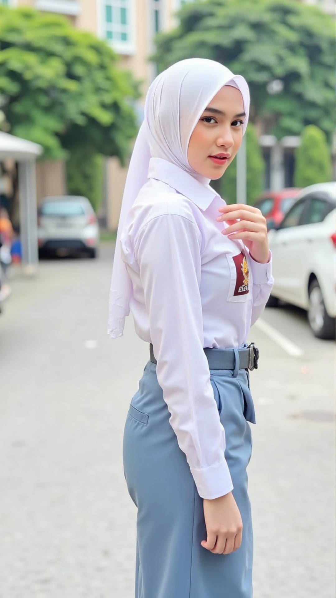 The image shows a young woman wearing a white hijab and a school uniform,  which consists of a white shirt with an emblem...