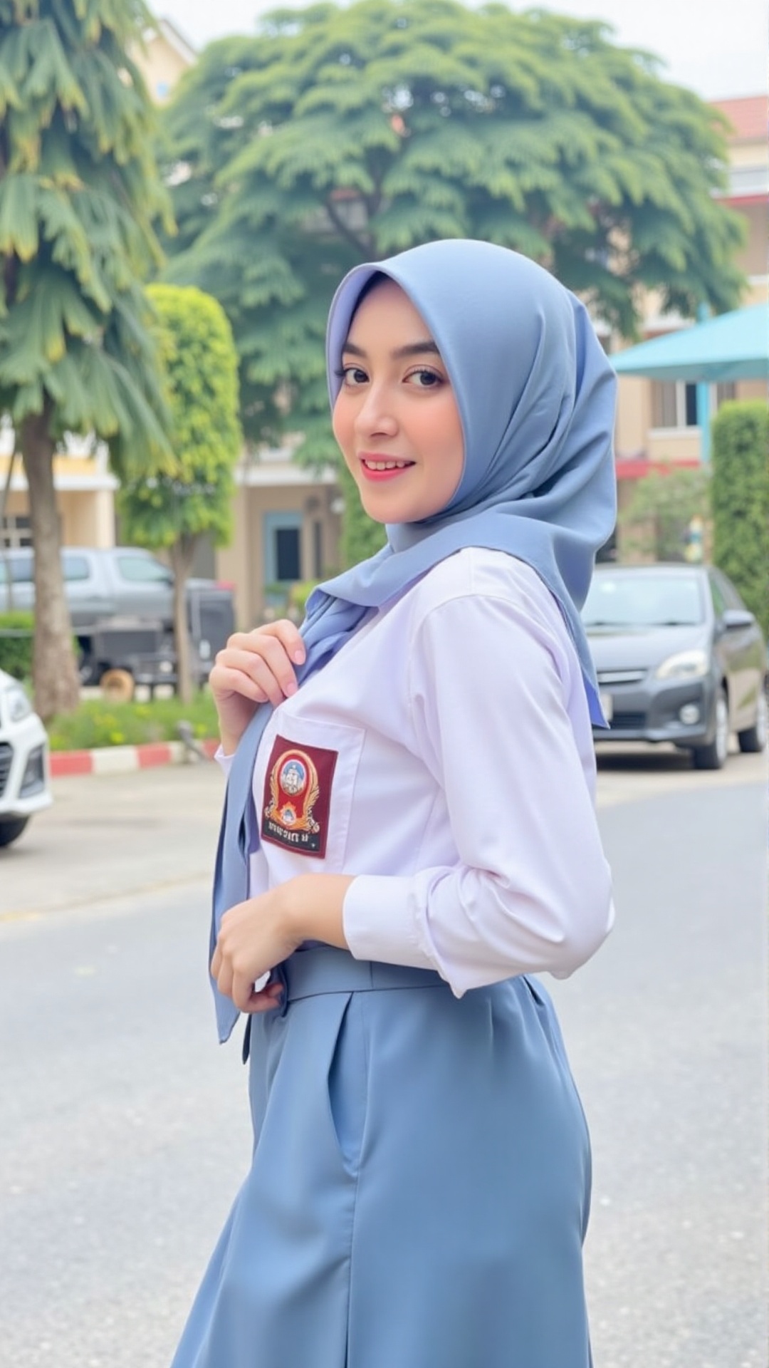 The image shows a young woman wearing a light blue hijab and a school uniform,  which consists of a white shirt with an em...