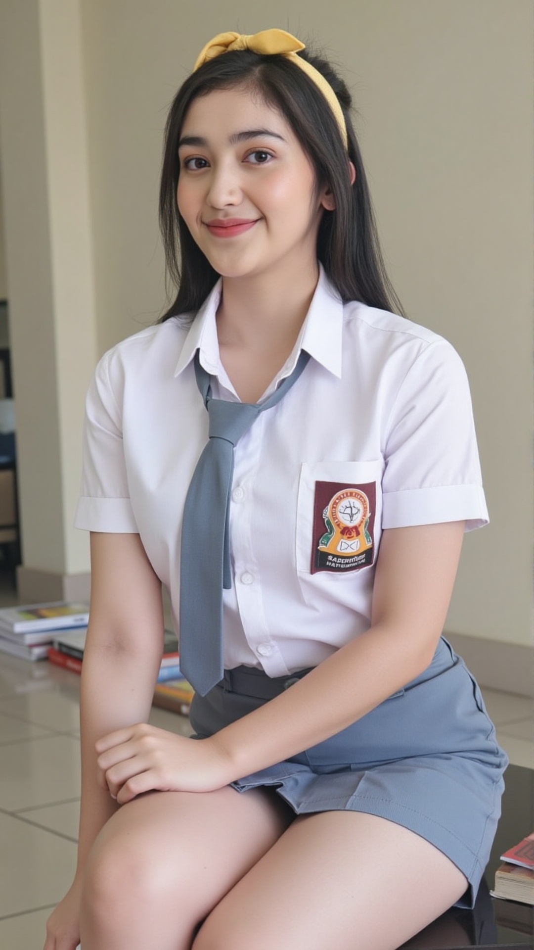 The image depicts a young student sitting in a casual pose. She is wearing a school uniform that consists of a white shirt...