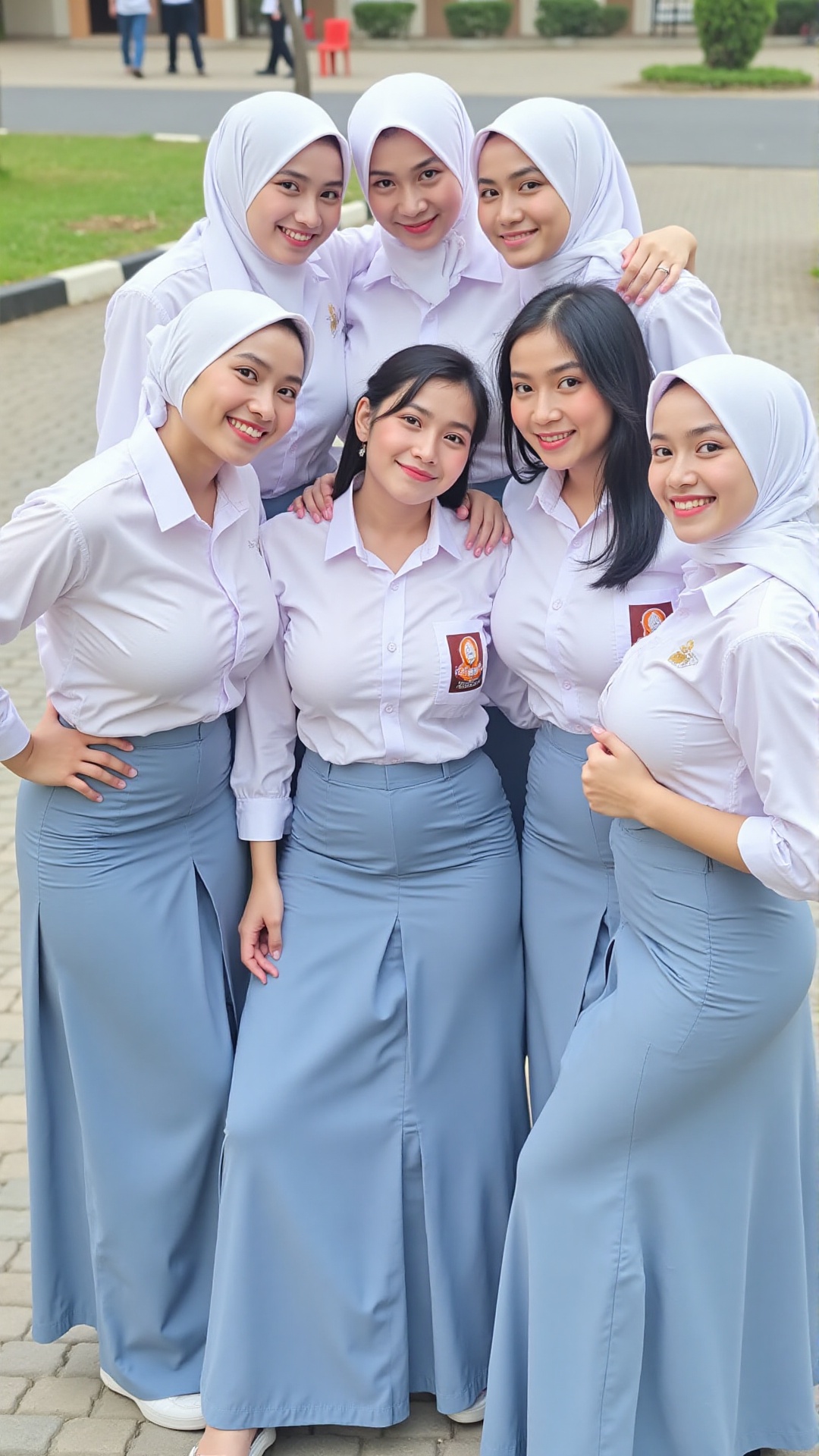 The image features a group of six young big breast women posing together outdoors. They are dressed in similar outfits,  c...