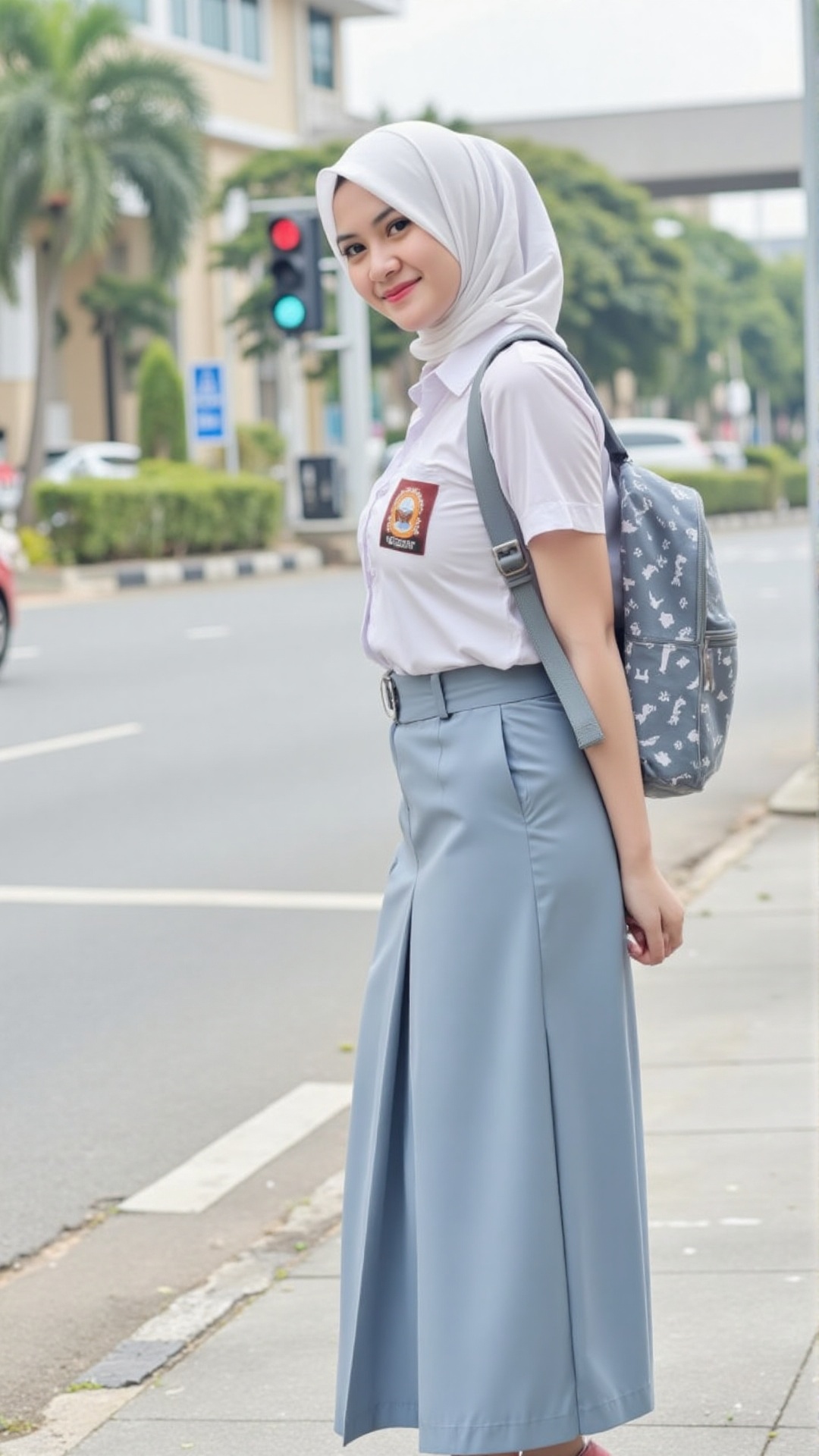 close up image features a young woman standing on a sidewalk,  leaning slightly and smiling. She is dressed in a light blu...