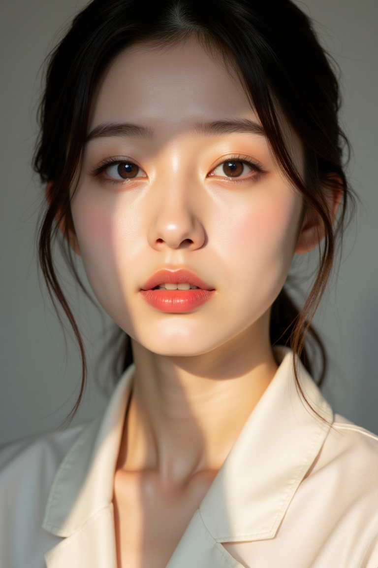 Serene half-lit portrait of a young Asian woman,  youthful features softly illuminated,  capturing enigmatic quiet confide...