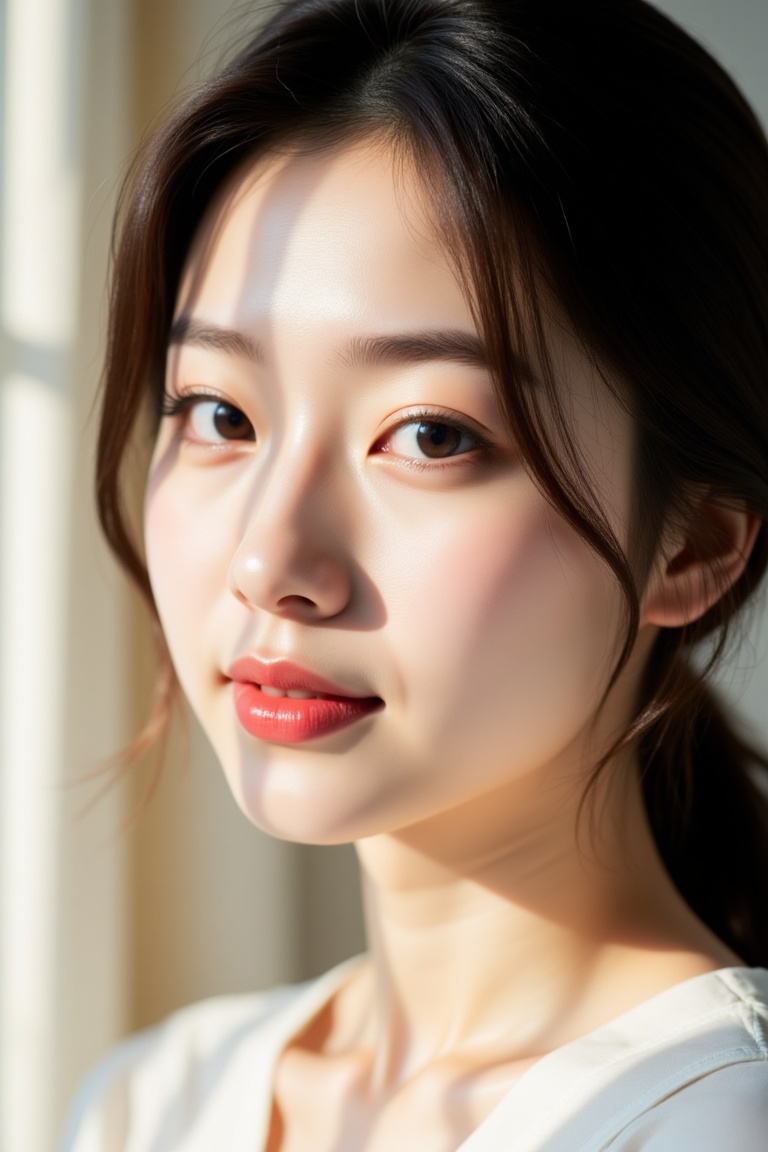Serene half-lit portrait of a young Asian woman with youthful features softly illuminated. Her luminous skin and intricate...