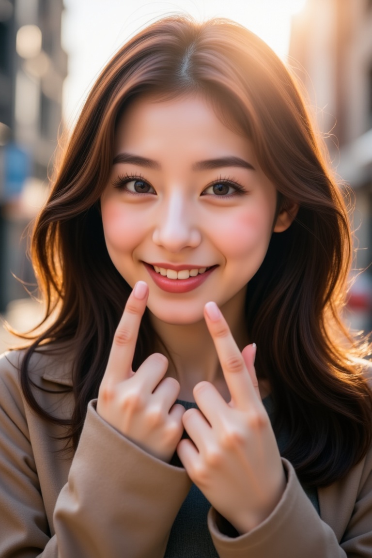 A young Asian woman smiling,  facing the camera with a dynamic pose. Her hands are thoughtfully placed in the frame,  crea...