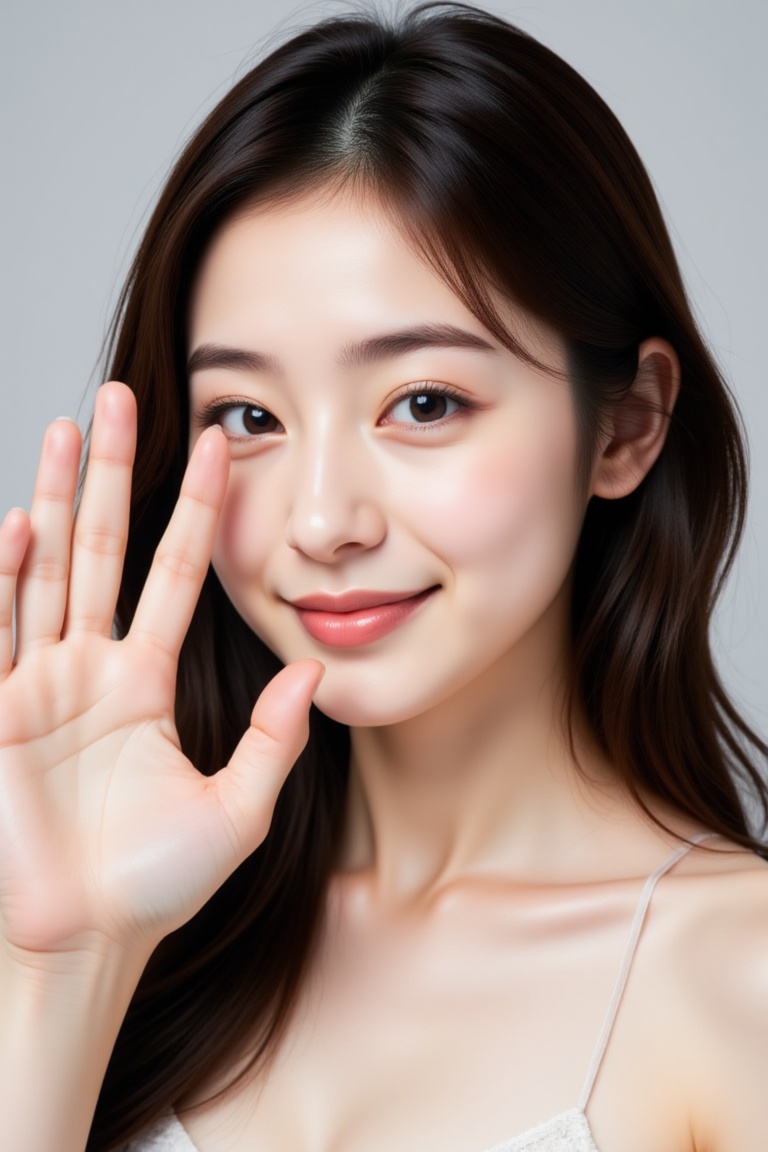 A young Asian woman smiles dynamically,  facing the camera. Her beautiful hand is thoughtfully placed in the frame,  enhan...