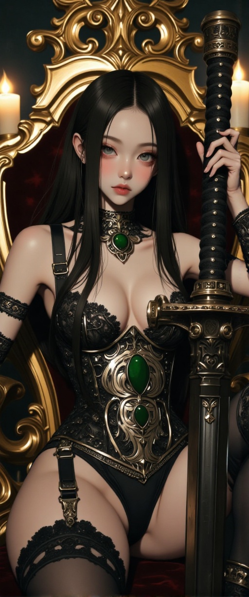 Image is a digital fantasy artwork featuring medieval style. The layout centers on a woman seated on an ornate,  gold thro...