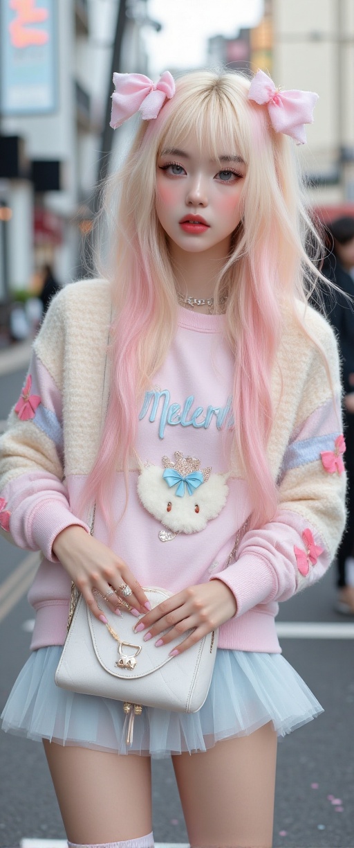 photography showcasing one women in light Fairy Kei fashion. platinum blond hair with pink tips. They are dressed in a pas...