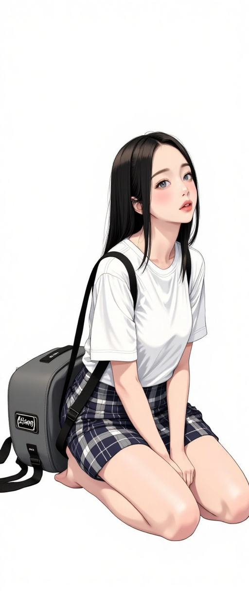 An animated image of a girl with long black hair,  a white shirt,  and a plaid skirt. She is sitting on her knees with her...