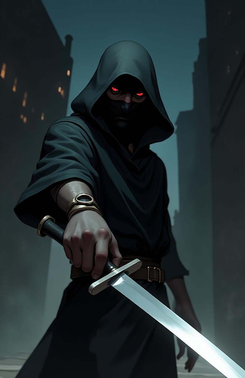 A digital drawing of a male ninja in a dark alley at night. The ninja is wearing a black hooded cloak and has red eyes. He...