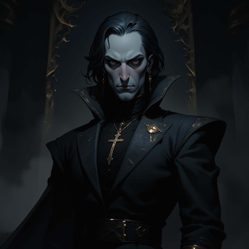 A dark,  moody digital painting of a man with pale skin and black hair,  wearing a dark on Tensor.Art