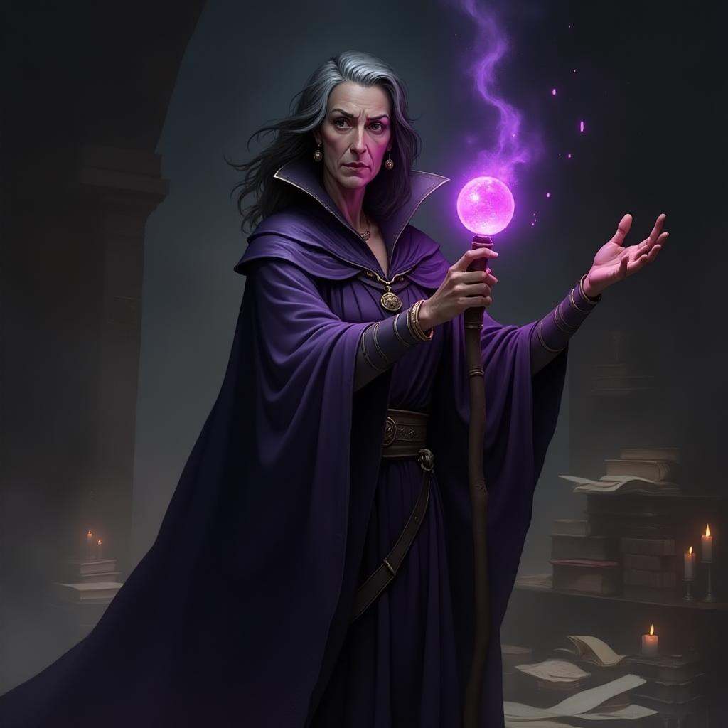 Digital painting of a middle aged female mage with natural face. She casting a spell,  holding a staff with a glowing purp...