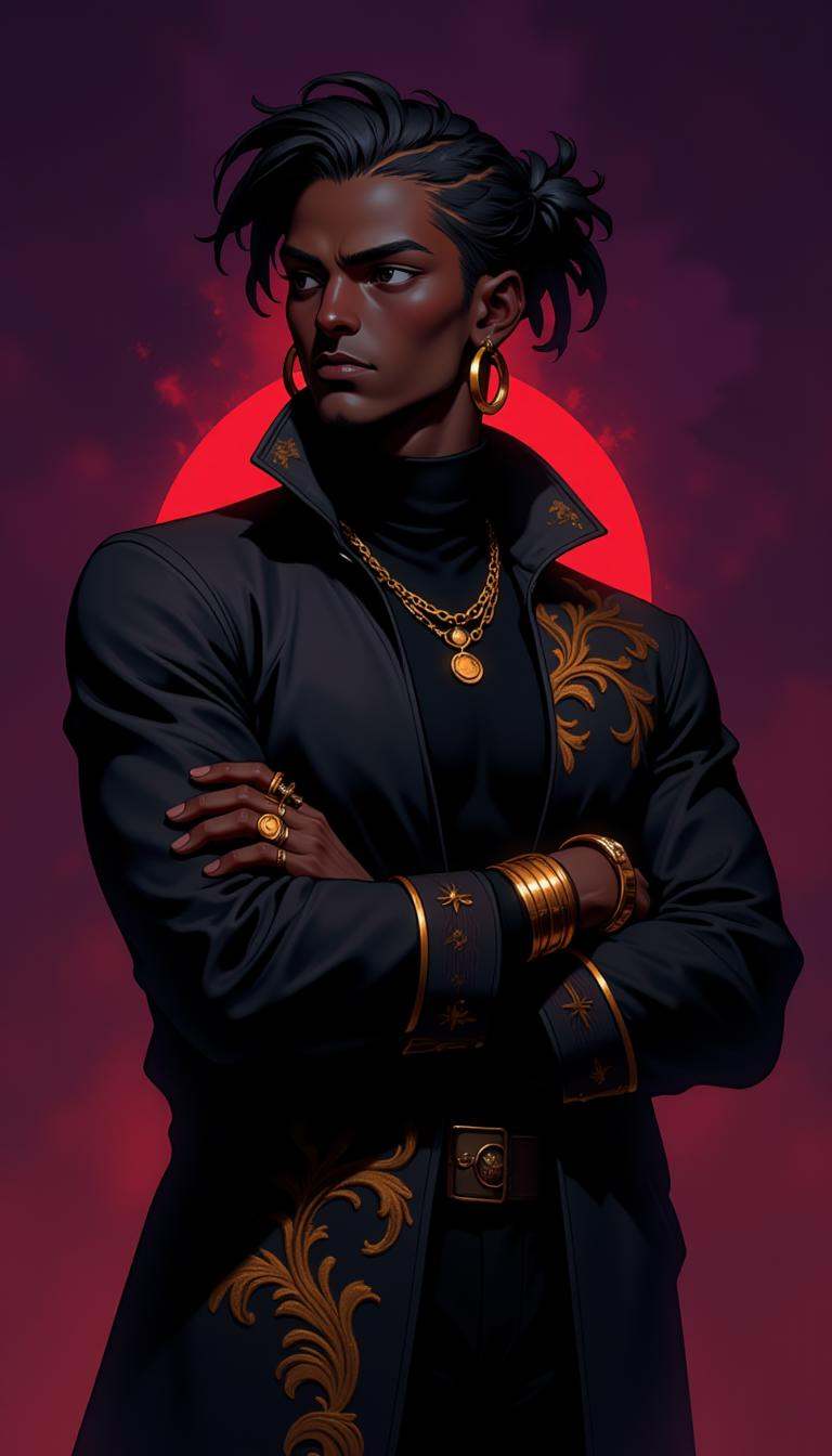A digital painting of a handsome young man with dark skin and braided hair,  wearing a black turtleneck and a black jacket...