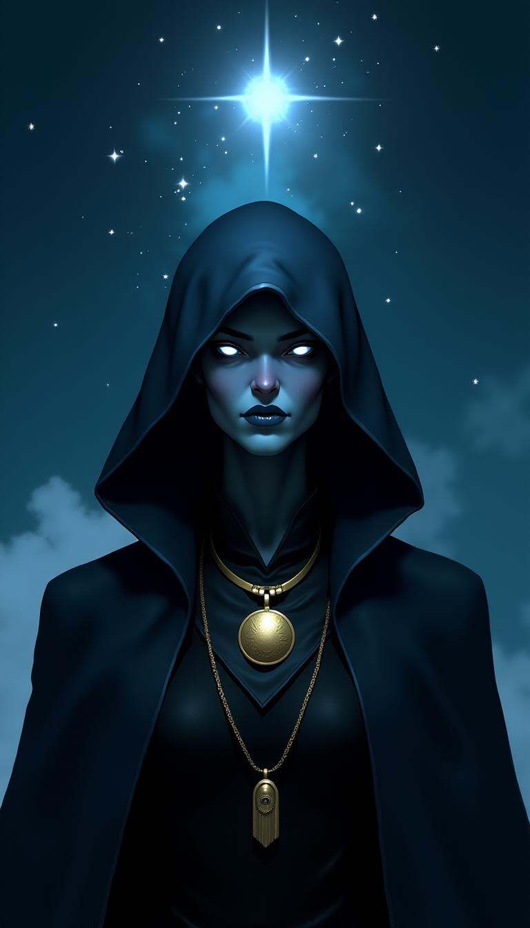 Digital painting of a mysterious figure with glowing eyes,  wearing a dark hooded cloak,  standing against a starry night...