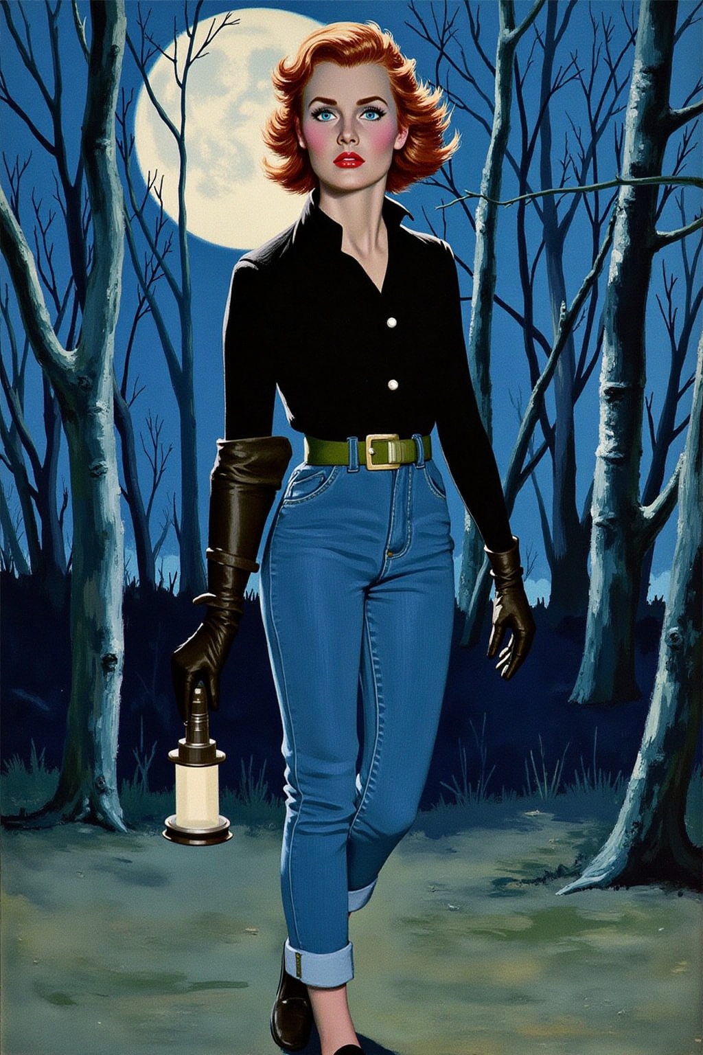 illsuztrz,  a retro 1950's fashion illustration by Coby Whitmore in oil paint on white paper,  A woman with a serious expr...
