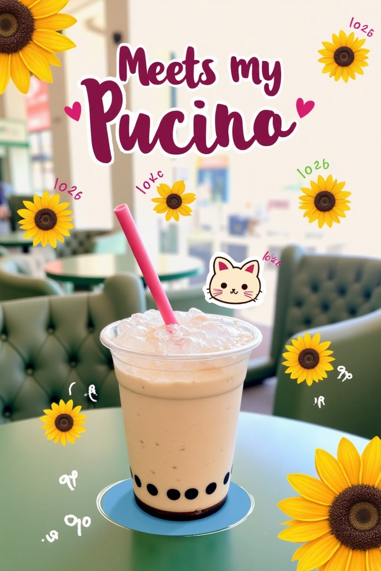 A hand-drawn doodle of a cup of cold cappuccino boba drink on a table in a cozy cafe. A blue dot is placed outside the cup...