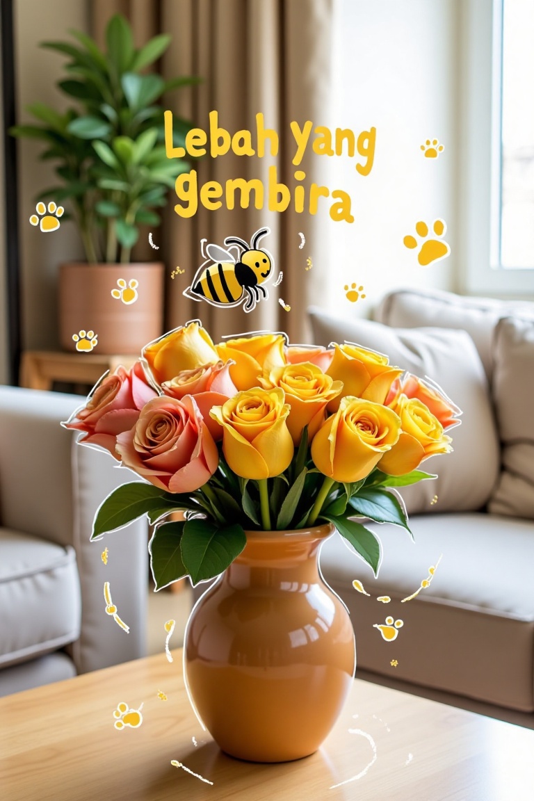 Outline hand-drawn doodles of a flying bee among roses in a pot vase,  the vase placed on a table in a living room. The te...