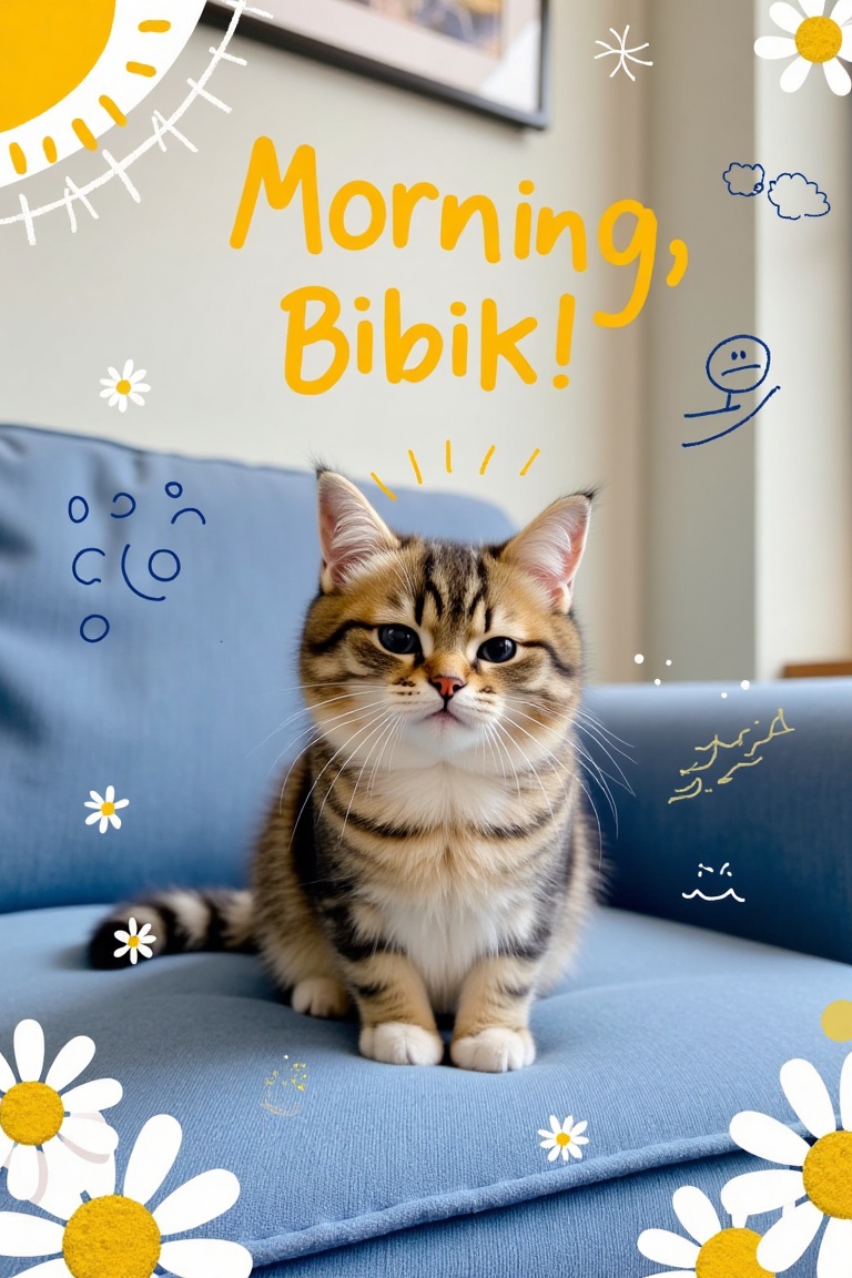 A hand-drawn doodle of a tabby cat with a smirk face,  sitting on a couch in a living room with real scenery. The cat is f...
