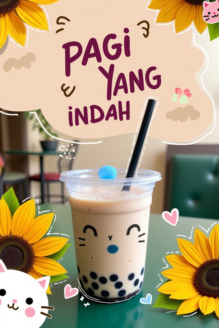 A hand-drawn doodle of a cup of cold cappuccino boba drink on a table in a cozy cafe,  with a blue dot placed outside the...