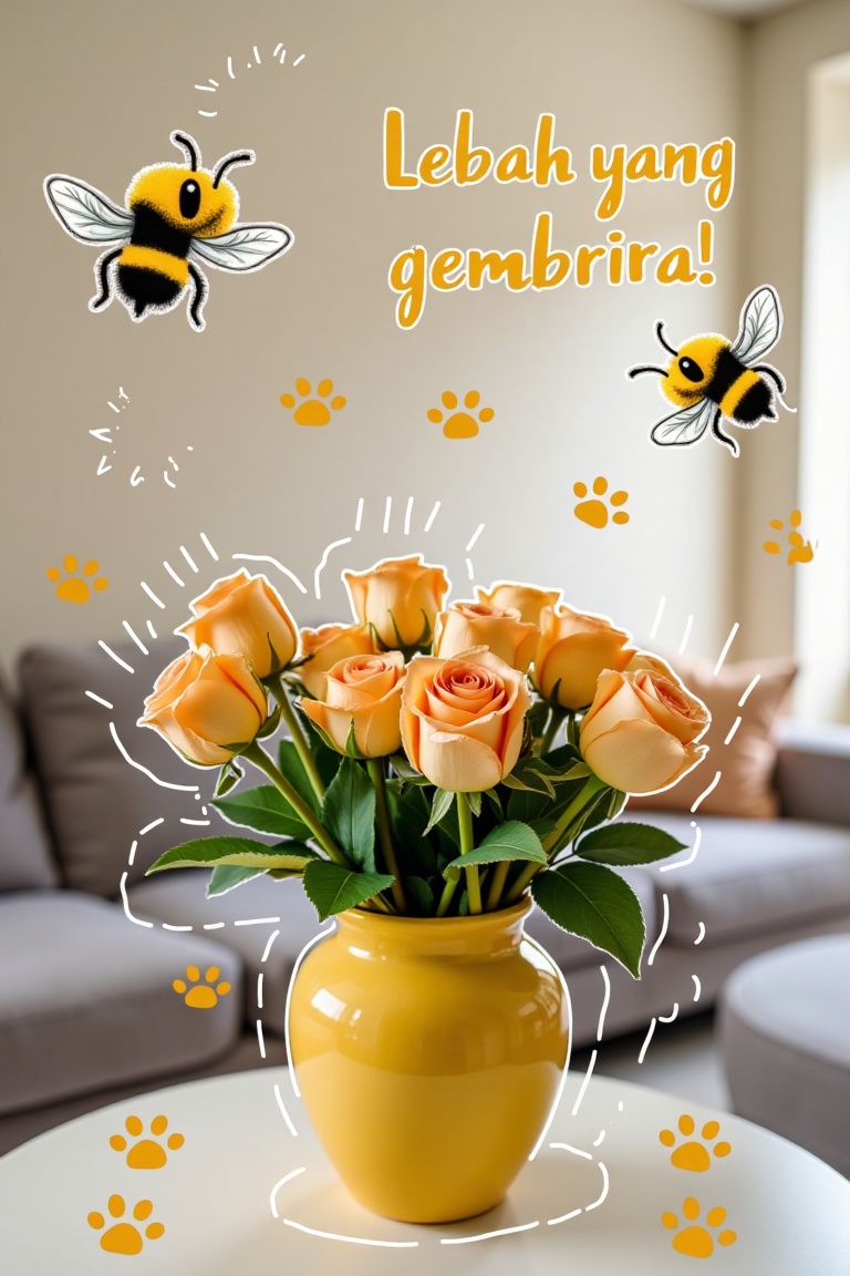 Outline hand-drawn doodles of a flying bee among roses in a pot vase,  the vase placed on a table in a living room. The te...