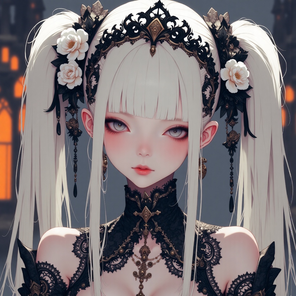 The image depicts a stylized,  anime-inspired character with long,  flowing white hair. She is adorned with a black crown...