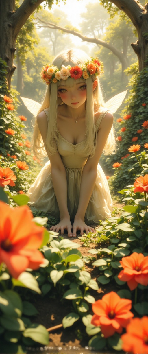 A serene beautiful fairy asian woman in a lush garden,  surrounded by vibrant flowers and soft,  golden light on Tensor.Art