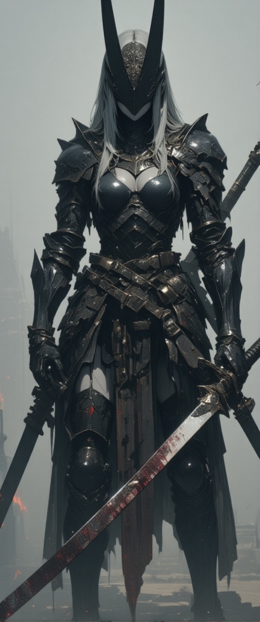 An image of a gloomy warrior in leather armor. On it,  a black helmet in the form of a crown covers the eyes with long poi...