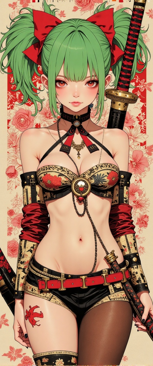The image depicts a stylized,  anime-inspired character standing against a background of floral patterns. The character ha...