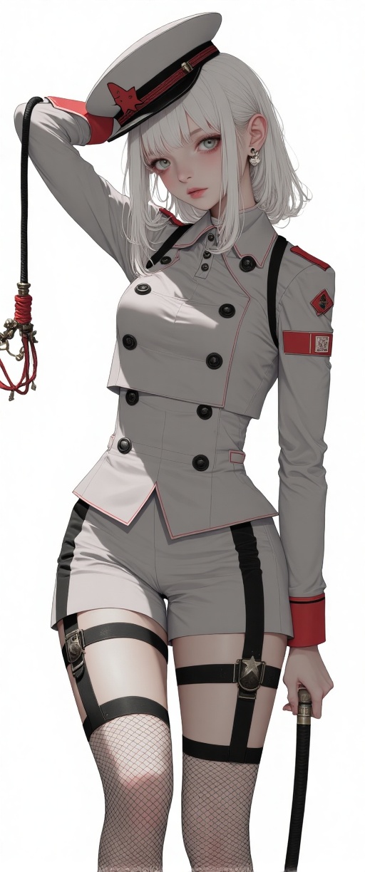The image depicts a person wearing a military-style uniform with a grey color scheme and red accents. The uniform features...