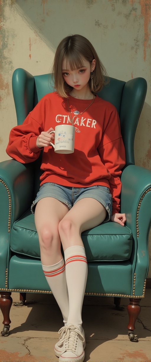 The image depicts a young person sitting on a vintage-style armchair with teal upholstery. They are wearing a red sweatshi...