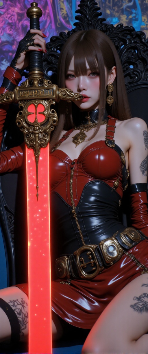 A cinematic photograph of a sultry cyberpunk mistress seated on a dark cult altar,  surrounded by neon lights and reflecti...