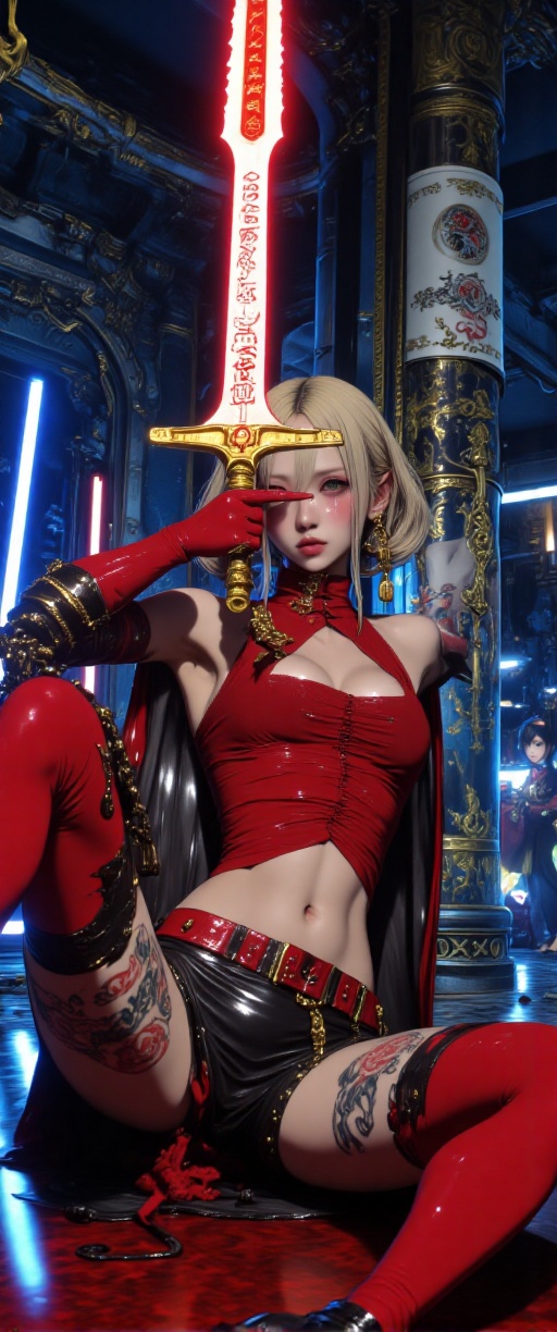 A cinematic photograph of a sultry cyberpunk mistress seated on a dark cult altar,  surrounded by neon lights and reflecti...