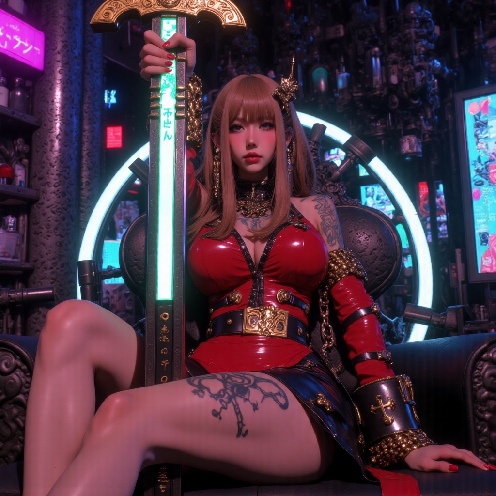 A cinematic photograph of a sultry cyberpunk mistress seated on a dark cult altar,  surrounded by neon lights and reflecti...