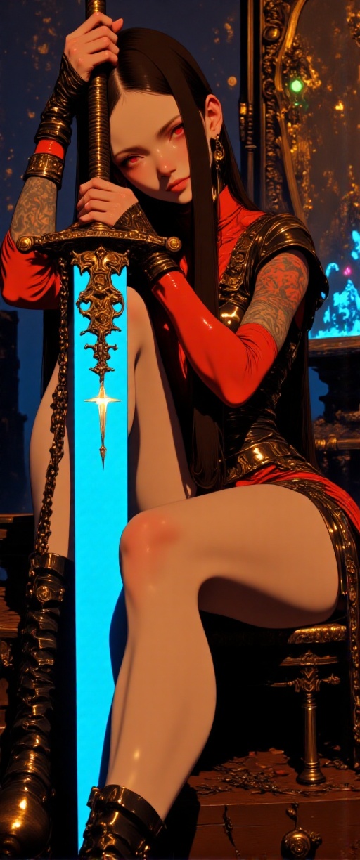 A cinematic photograph of a sultry cyberpunk mistress seated on a dark cult altar,  surrounded by neon lights and reflecti...