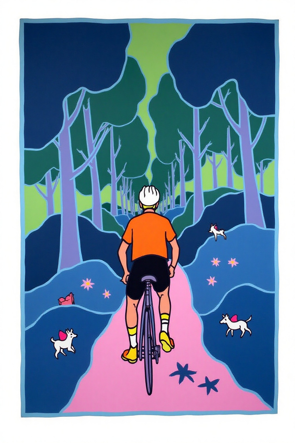 teha1 illustration. A cyclist in a lush,  forested path. The artwork features a cyclist,  dressed in a cycling jersey on T...