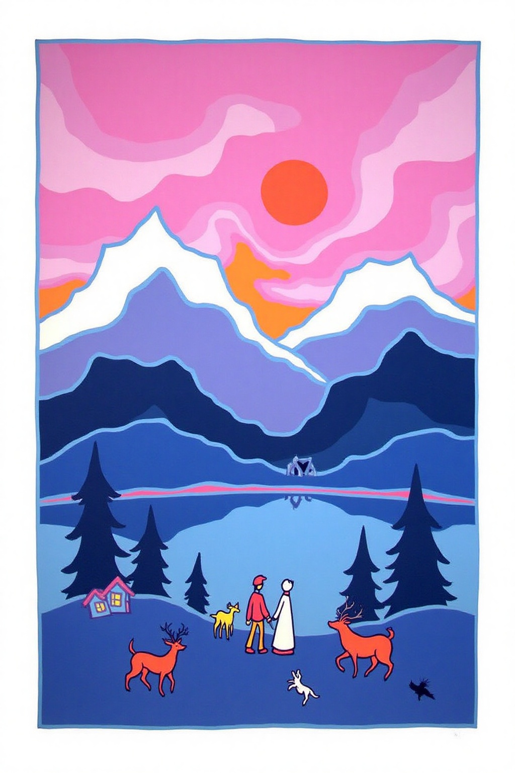 teha1 illustration. Rocky Mountains at Sunrise. A breathtaking scene of the Canadian Rockies at sunrise. Tall,  snow-cappe...