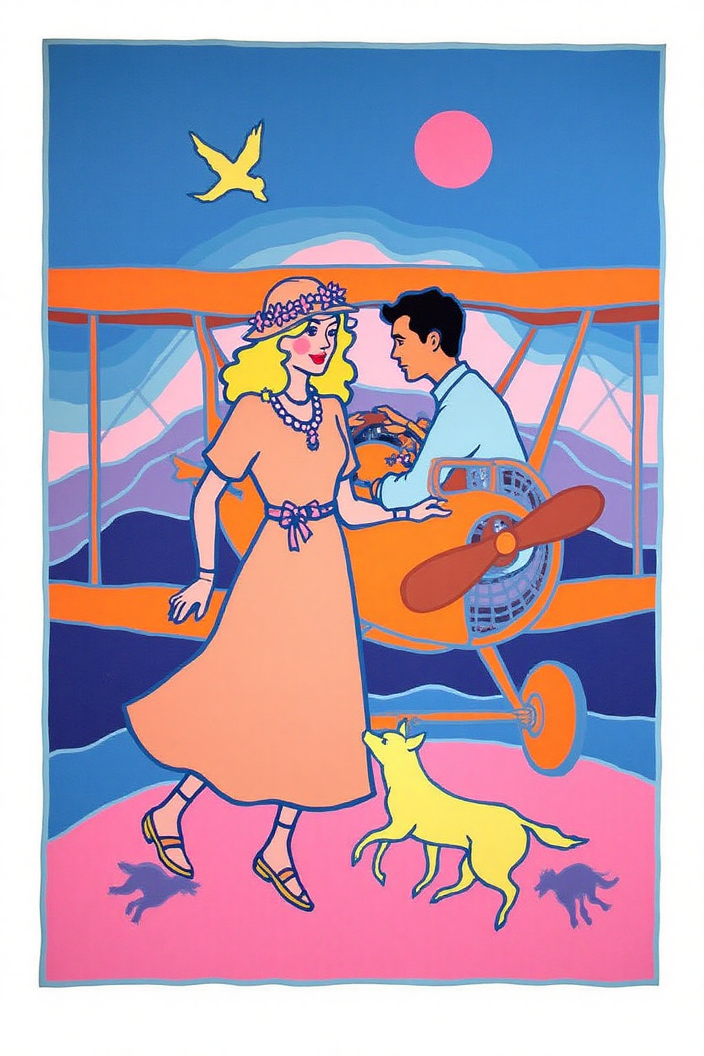 teha1 illustration. A romantic scene of a couple on a vintage biplane. The woman,  in the foreground,  is a stylish woman...