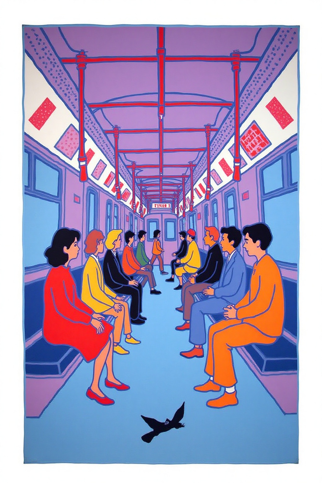 teha1 illustration. A scene inside a subway train. With passengers show side way in profiles. The interior of the train is...