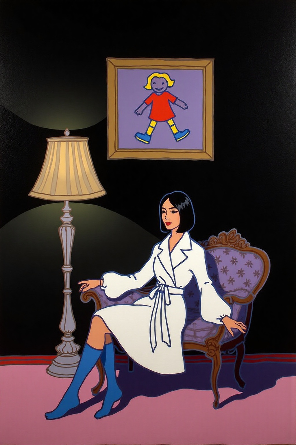 teha1 illustration. This is a high-resolution classical painting featuring a woman seated on an antique,  dark wooden chai...