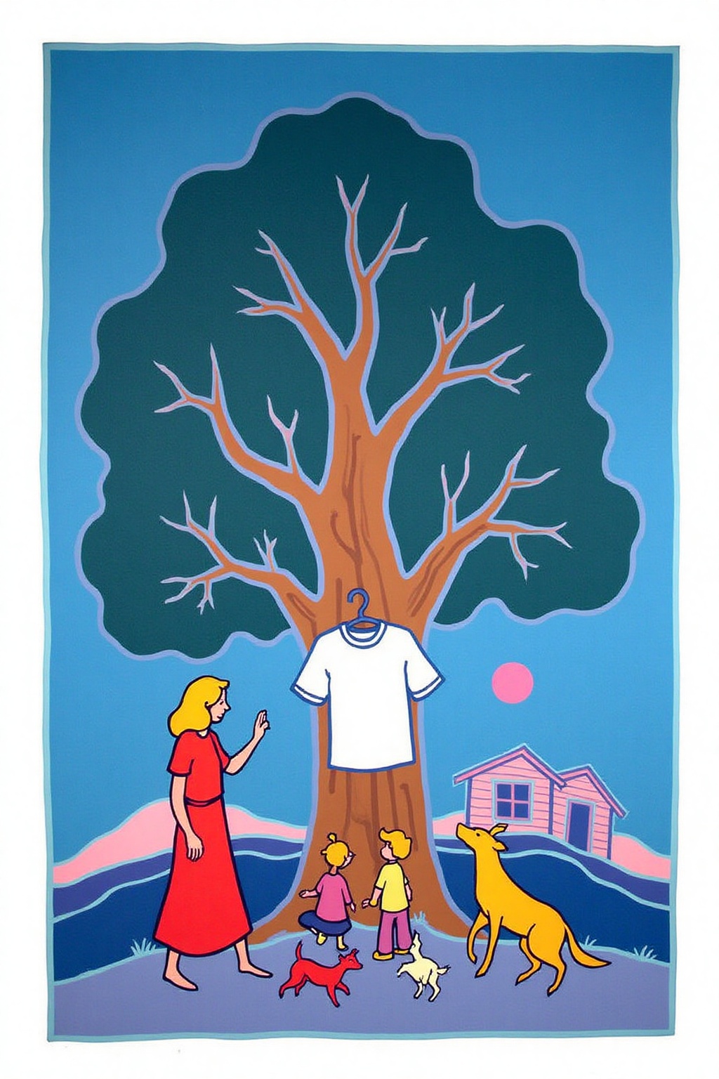 teha1 illustration. a 90 years old tree photo captured in a low angle close up. A woman on top of the tree is 26 years old...