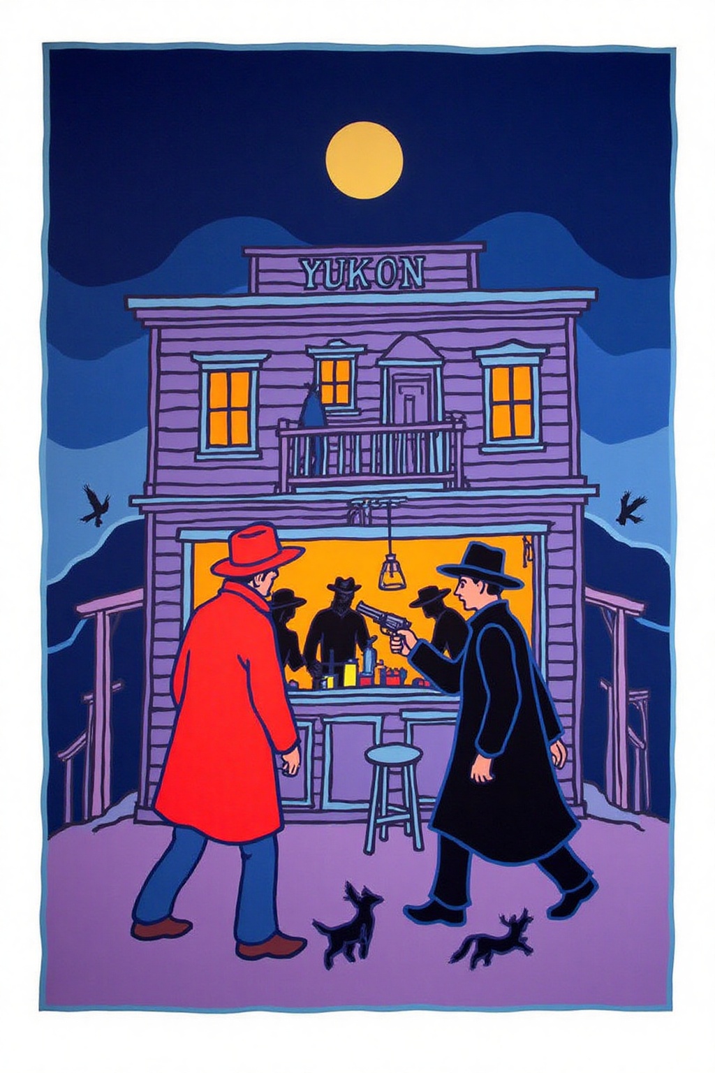 teha1 illustration. An old Yukon saloon at night,  filled with shadowy figures. A dramatic bar fight is unfolding in the w...