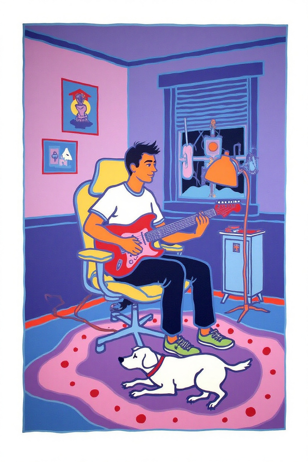 teha1 illustration. A man playing an electric guitar in his home recording studio. He has short hair,  is sitting on a mod...