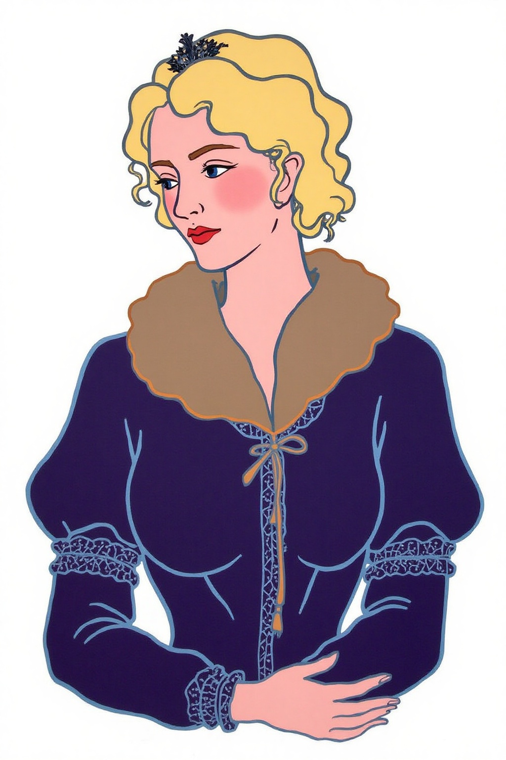 teha1 illustration. The woman has a fair complexion and is portrayed with a serene,  contemplative expression. She has cur...