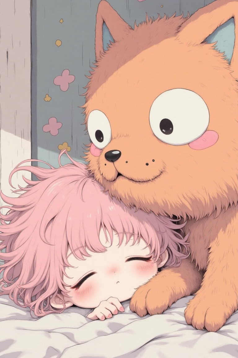 A close-up,  dreamlike anime-style image with whimsical,  surreal elements. A cute girl with messy pink hair is in a cozy...