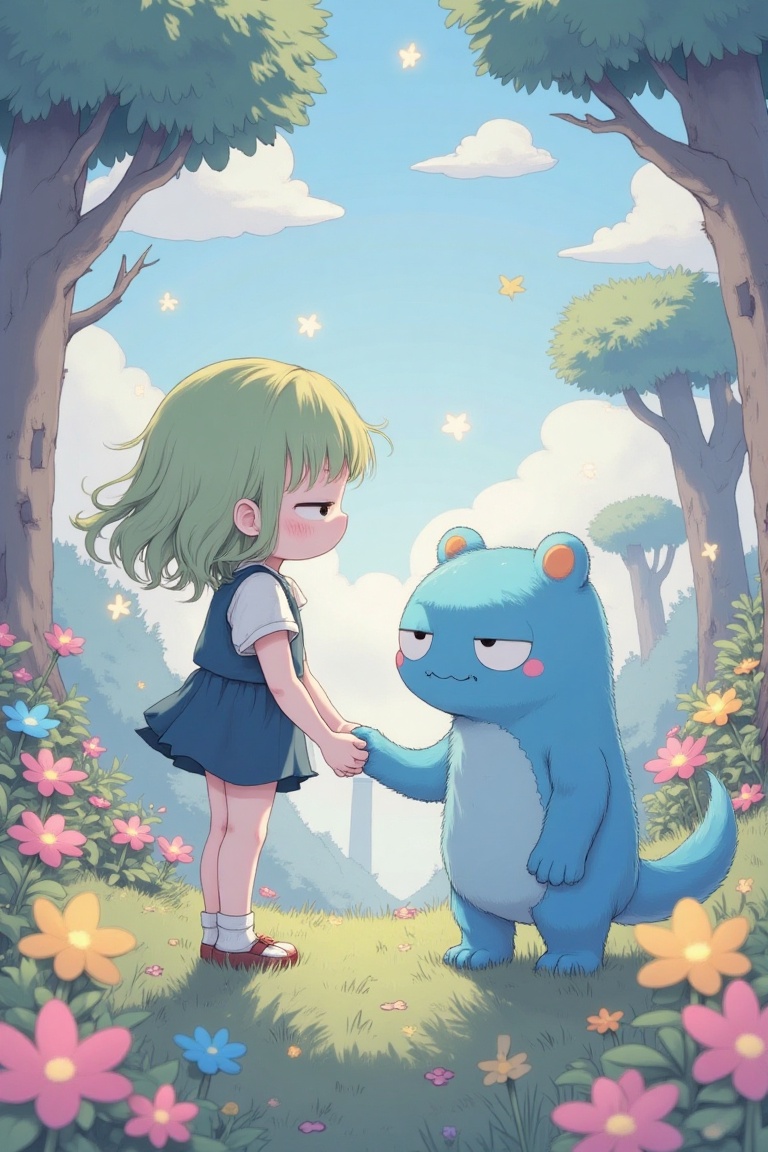 A dreamlike,  whimsical anime-style image with a surreal atmosphere. A cute girl with green hair stands in a fantastical s...