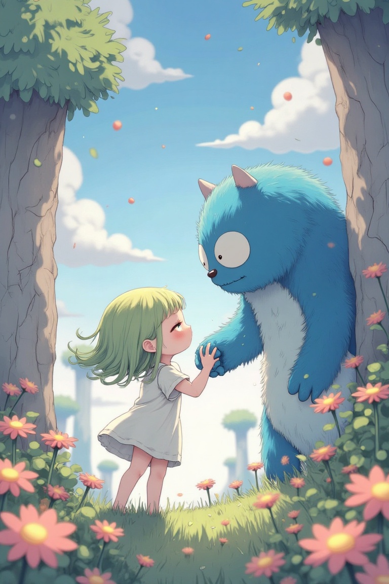 A dreamlike,  whimsical anime-style image with a surreal atmosphere. A cute girl with green hair stands in a fantastical s...