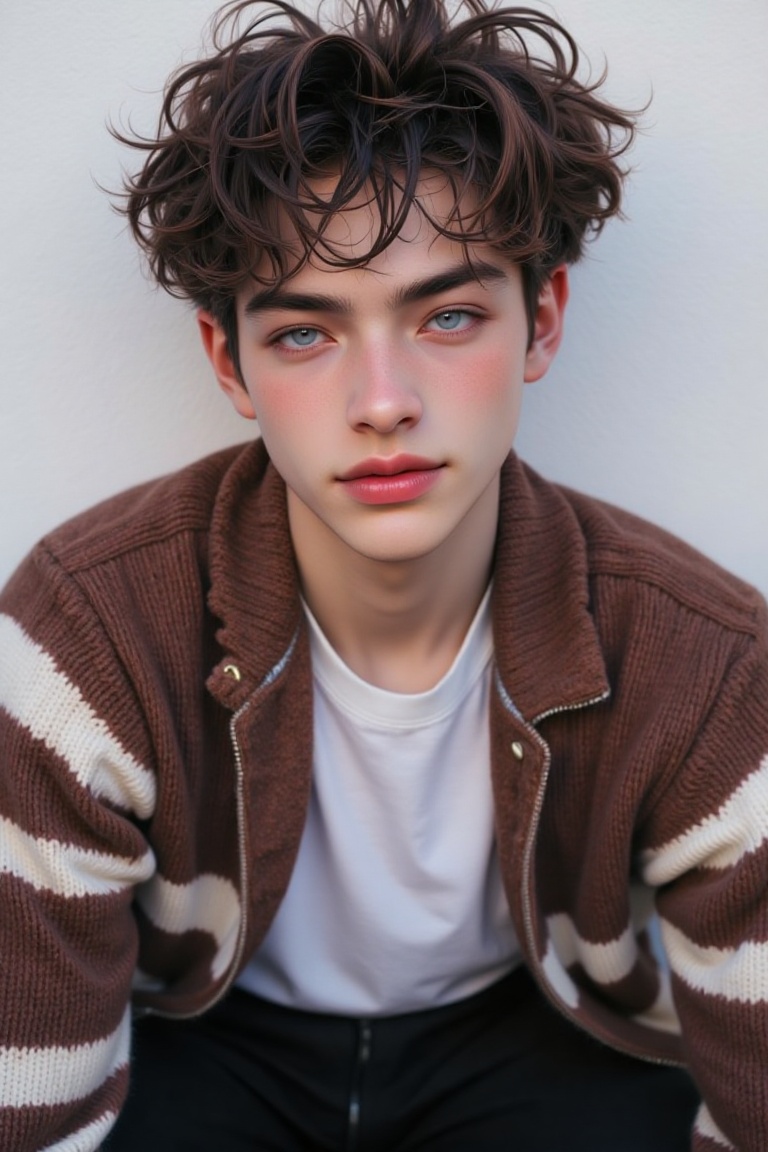 a close-up shot of a young man with brown hair and blue eyes is seated against a white backdrop. He is dressed in a brown...