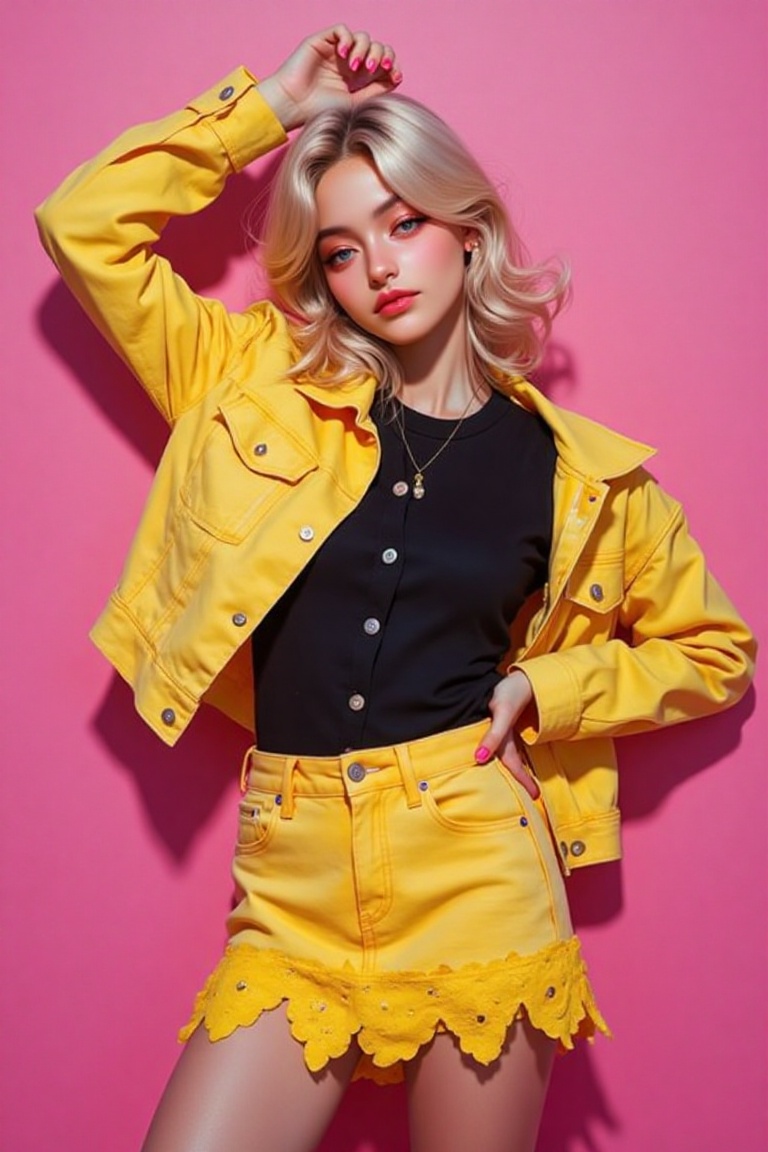 Captured at eye-level on a vibrant pink backdrop,  a woman with blonde hair,  wearing a black t-shirt and a yellow jean sk...